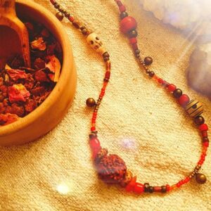 Red Lunar Beaded Necklace Moon Jewelry Bohemian Artisan Jewellery Skull Red Beads Bone Wood Glass Natural Boho Red Tent Earthy Hippy Hippie
