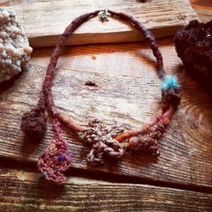 Textile Art Necklace Artisan Statement Pompom Silk & Wool Felted Pom Pom Jewellery Handspun Art Yarn Fiber Fibre Leaf Jewelry Felt Lagenlook