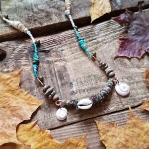 Wrap Necklace Earthy Jewelry Jewellery Natural Shells Seed Pods Beads Bells Festival Hippie Psy Hippy Elf Recycled Seashells Beaded