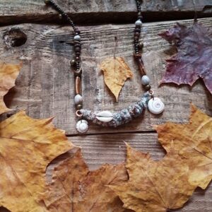 Wrap Necklace Earthy Jewelry Tribal Jewellery Natural Shells Seed Pods Beads Bells Festival Hippie Psy Hippy Elf Recycled Eco Beaded Shells
