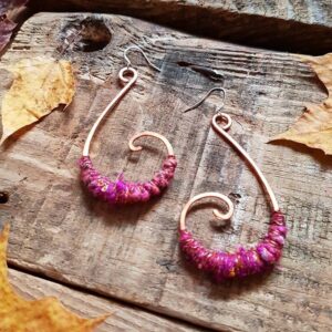 Tribal Hoop Earrings Jewellery Large Copper Spiral Hoops Red Pink Sari Silver Ear Rings Wire Wrap Boho Gypsy Dangle Jewelry Bohemian