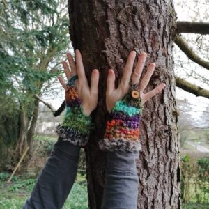 Rainbow Wrist Warmers Cuffs Furry Pixie Forest Gloves Fairy Fingerless Gloves Woodland Psy Elf Mori Cuff Mittens Crochet Faery Fae
