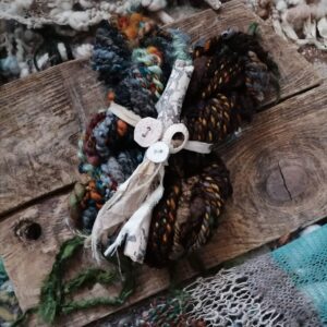Set Of ART YARNS Wild Spun Sea Finds Handspun Weaving Yarn Ceramic Buttons Driftwood Textured Wool Shells Fiber Art Fibre Crochet Knitting
