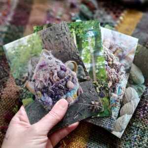 Set Of Four Postcards Greeting Birthday Letter Friend Fiber Art Crochet Knitting Weaving Handspun Yarn Handspinning Handweaving Drop Spindle