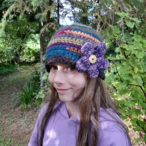 Icelandic Wool Crochet Beanie Hat Crocheted Flower Brooch Rainbow Striped Stripe Small Adult Natural Hippy Elf Winter Fairy Cute Festival