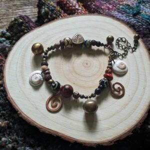 Spirals Charm Bracelet Magical Forest Woodland Witch Jewelry Woodland Earthy Witch Bells Jewellery Shells Elf Fairy Leaf Woods Leaves