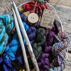 Wild Woodland Travelling Knitting Gift Set - Wild Crafted Knitt Needles Handspun Art Yarn Hand Dyed Yarns Forest Button Bell Pouch Bag