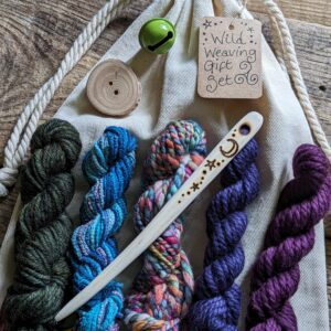 Wild Woodland Weaving Gift Set - Wild Crafted Travelling Handweaving Needle Rainbow Handspun Art Yarn Hand Dyed Yarn Wooden Forest Button
