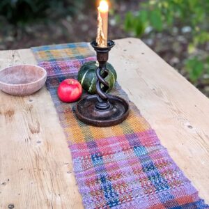 Table Runner Woven By Elfin Table Cloth Midwinter Yule Christmas Table Weaving Alpaca Wool Fiber Purple Rust Blue Art Lace Tartan Tassels