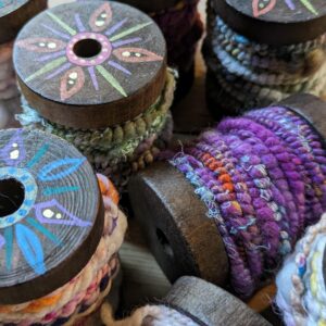Handspun Art Yarn On Embellished Bobbin Mini Yarns Reels Fiber Textile Art Fibre Hand dyed Weaving Supplies Handweaving Wool Recycled Silks
