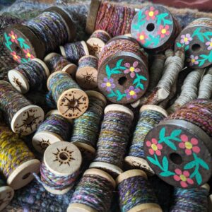 Handspun Threads And Yarns On Embellished Bobbins Reels For Your Fiber Art - Hand dyed Tapestry Handweaving Embroidery Wool Silks Art Yarn